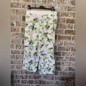 J Jill 100% Linen Pants Size S Flax Orchid Floral Tan Green Wide Leg Crop